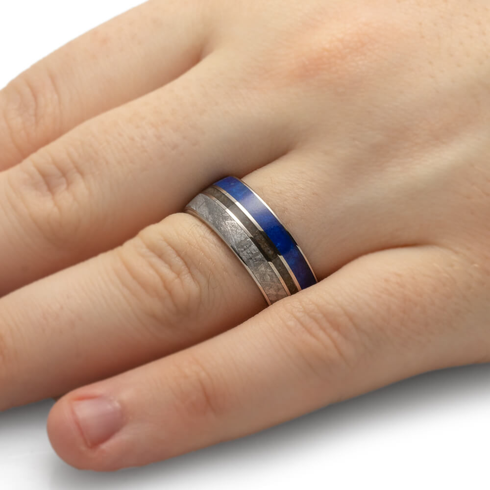 Meteorite, Lapis Lazuli and Dinosaur Bone Men's Wedding Band-2353 - Jewelry by Johan
