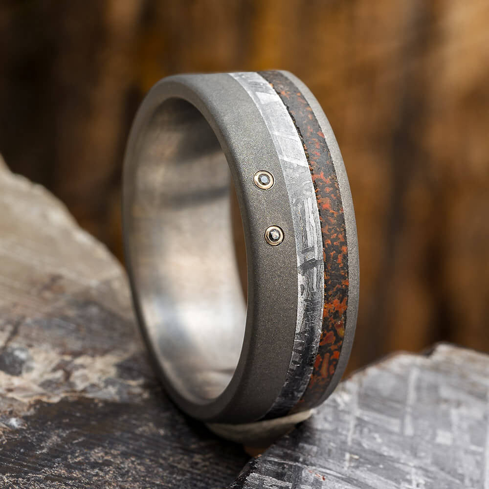 Black Diamond Wedding Ring For Men With Meteorite And Dino Bone-2356 - Jewelry by Johan