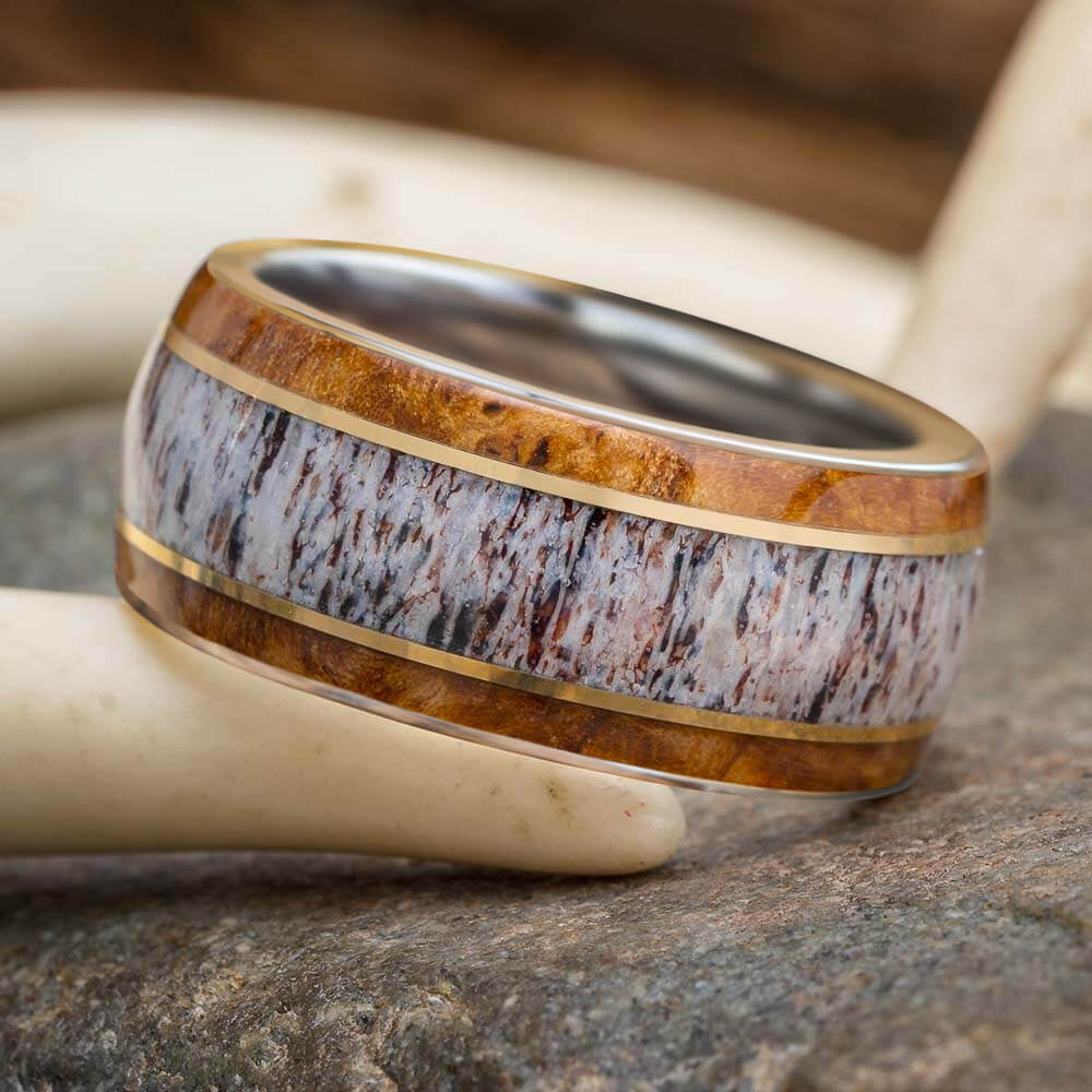 Thick Wedding Band With Wood, Antler And Bronze Stripes | by Johan
