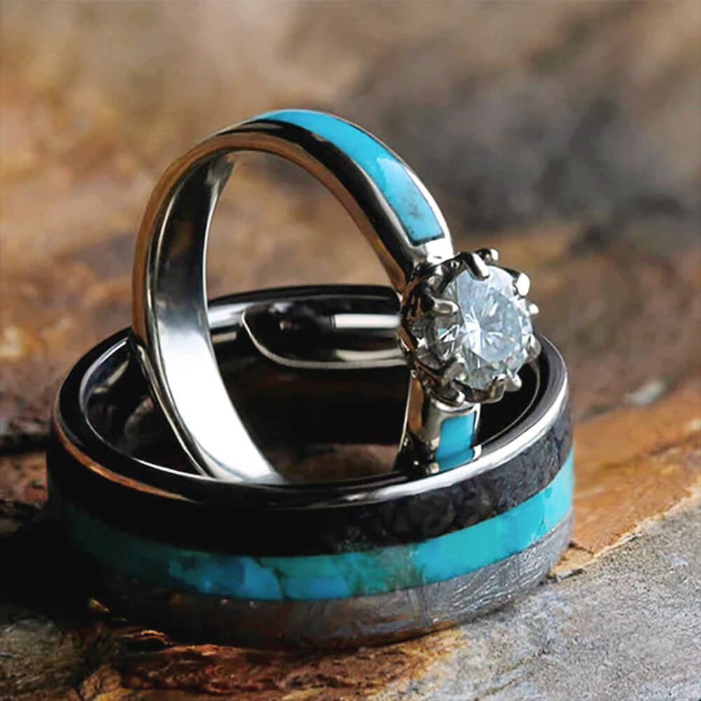 Turquoise Couples Rings With Lotus Prong Engagement Ring | Jewelry by Johan