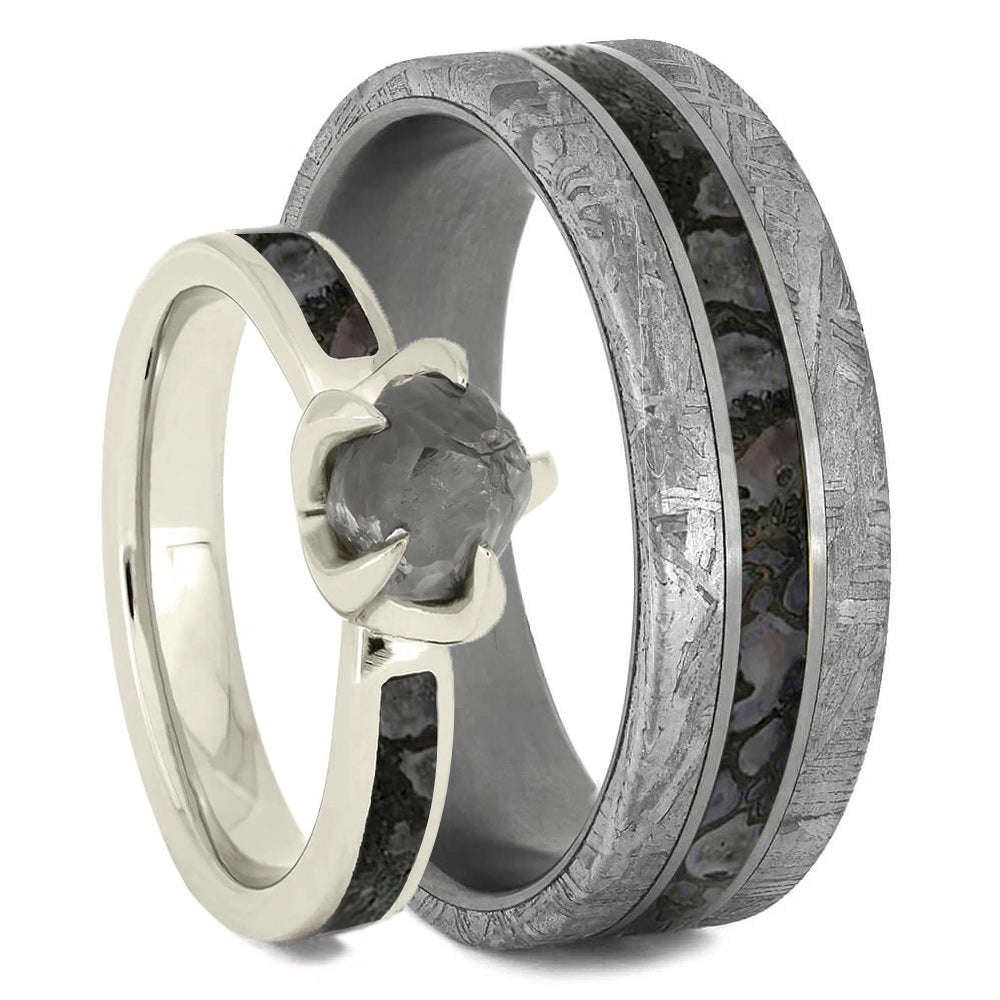 Dino Bone Wedding Ring Set With Rough Diamond Engagement Ring - Jewelry by Johan