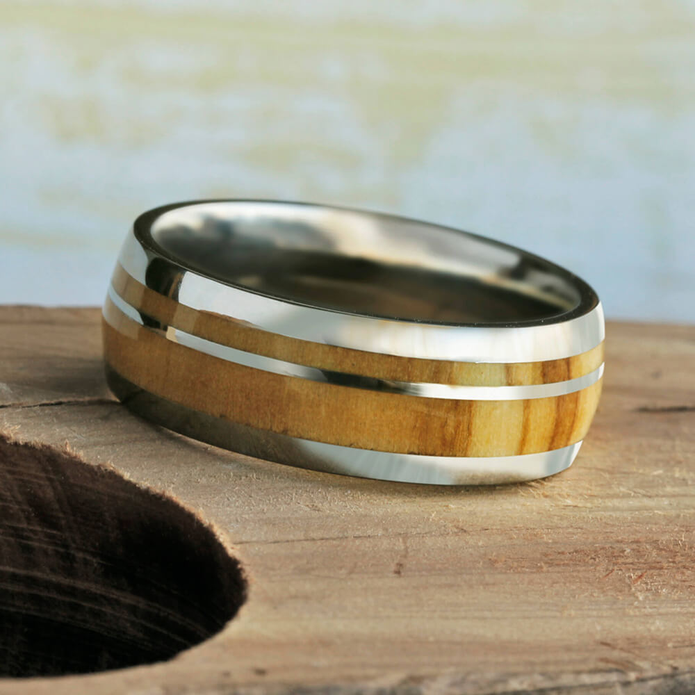 Olive Wood Wedding Band With Titanium Pinstripe, Wood Ring-2410 - Jewelry by Johan