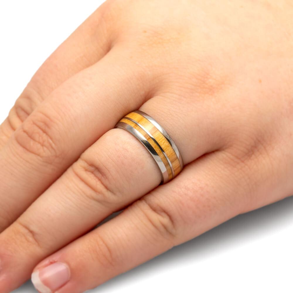 Olive Wood Wedding Band With Titanium Pinstripe, Wood Ring-2410 - Jewelry by Johan