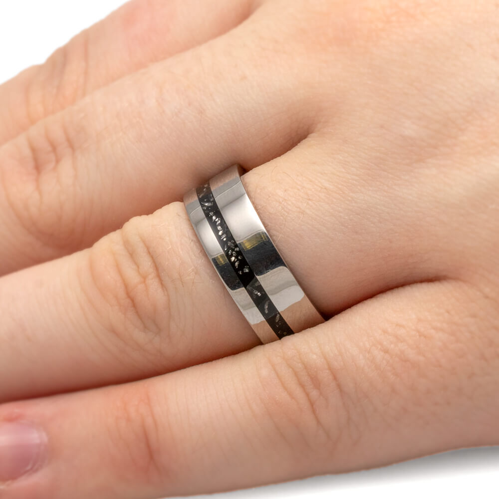 Polished Titanium Wedding Band With Offset Black Stardust™ Pinstripe-2446 - Jewelry by Johan