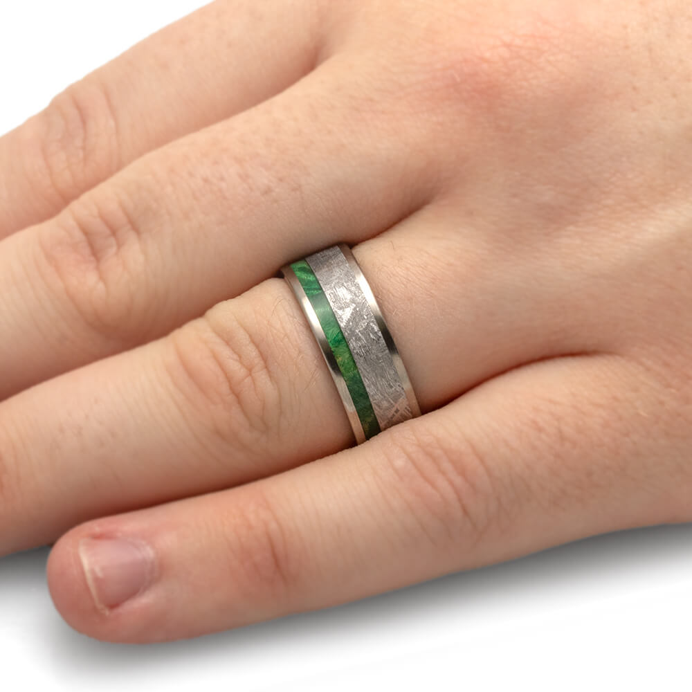 Green Wood Wedding Band, Meteorite Ring With Box Elder Burl Wood-2449 - Jewelry by Johan