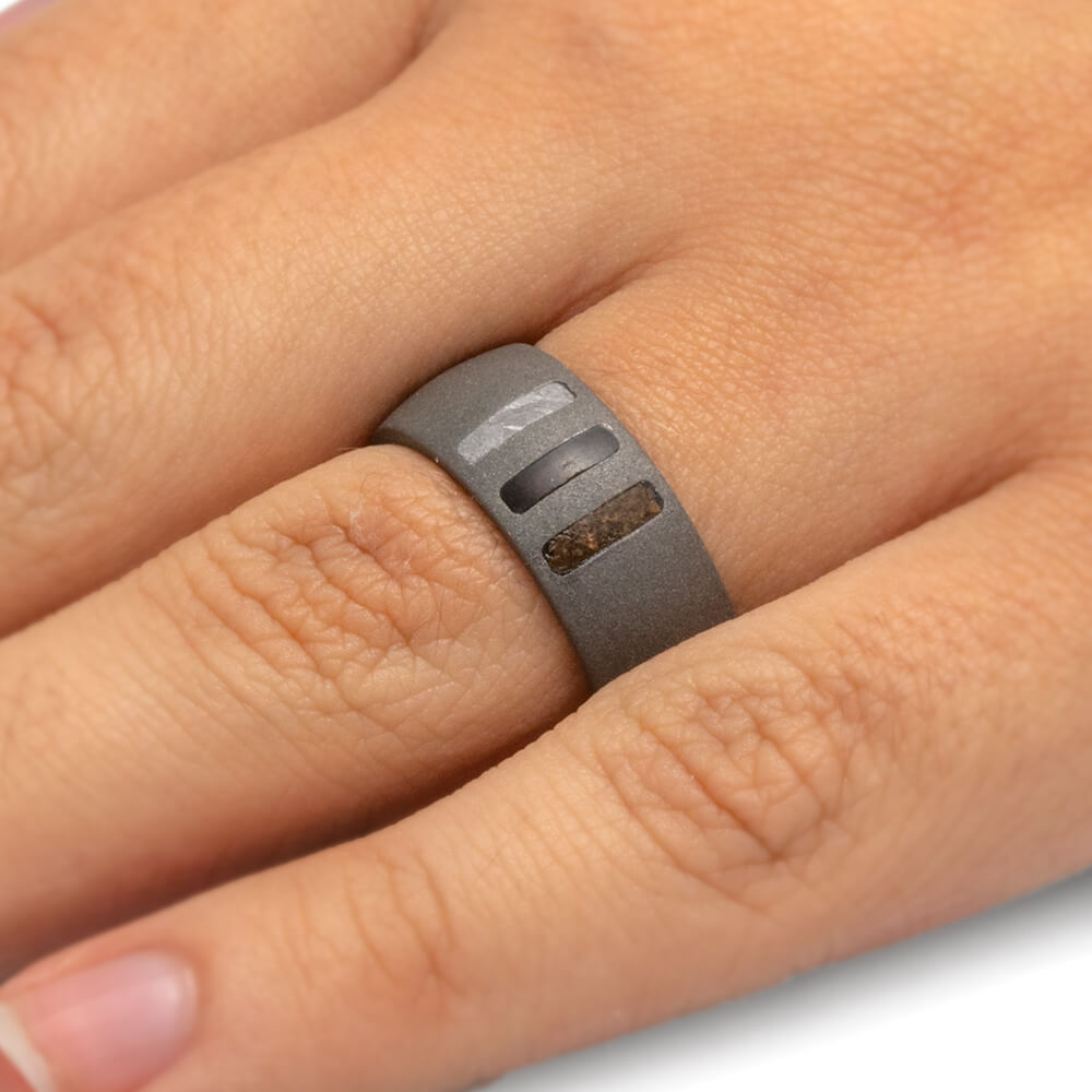Sandblasted Titanium Ring With Meteorite, Dino Bone, And Blackwood-2455 - Jewelry by Johan