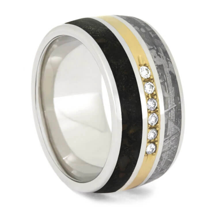 Men's Platinum Band With Meteorite and Dinosaur Bone Ring And Diamonds-2487 - Jewelry by Johan