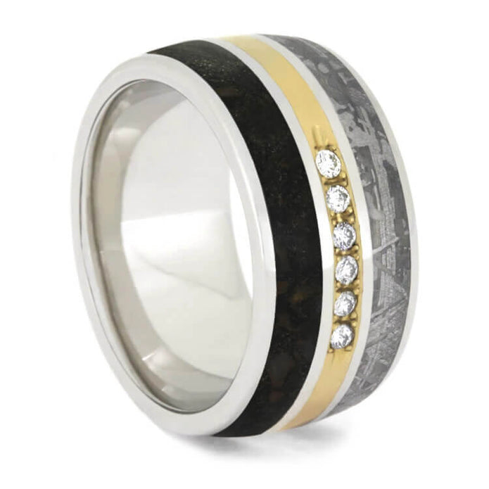 Men's Platinum Band With Meteorite and Dinosaur Bone Ring And Diamonds-2487 - Jewelry by Johan