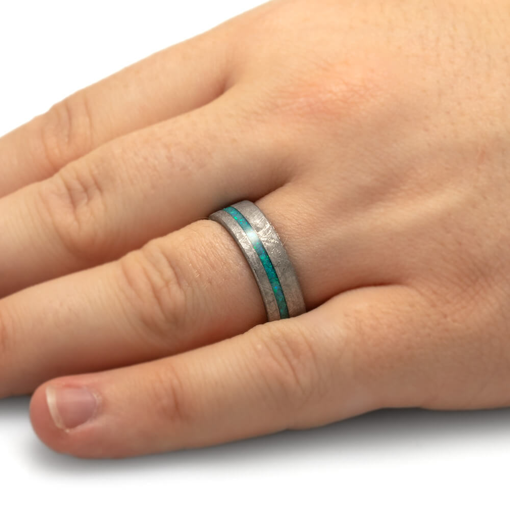 Meteorite and Opal Wedding Band for Men