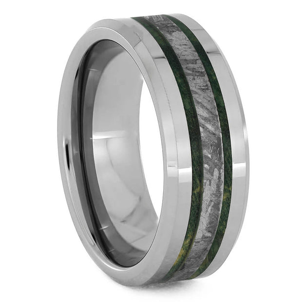 Tungsten Meteorite Wedding Band With Green Box Elder - Jewelry by Johan