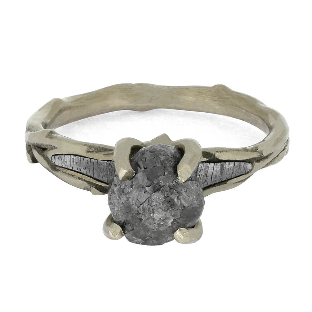 Rough Diamond Engagement Ring With Branch Style Band Inlaid With Meteorite
