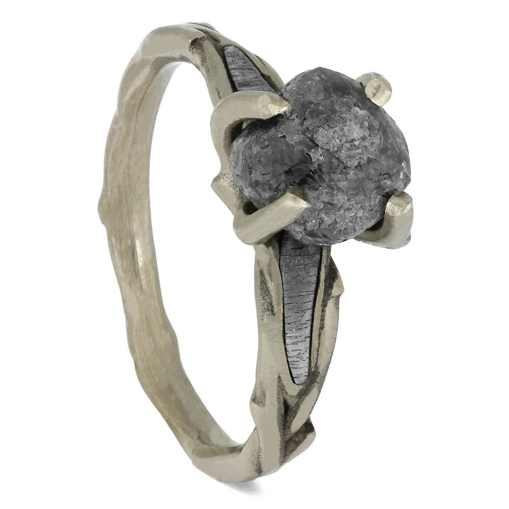 Rough Diamond Engagement Ring With Branch Style Band Inlaid With Meteorite