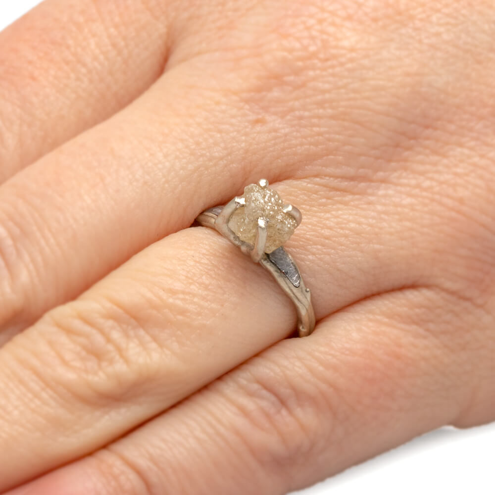 Rough Diamond Engagement Ring With Branch Style Band Inlaid With Meteorite