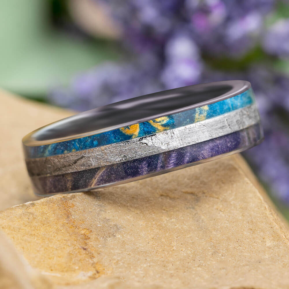 Colorful Wood and Meteorite Wedding Band