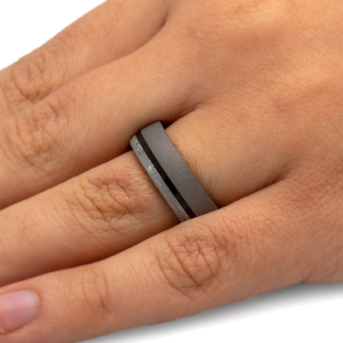 Sandblasted Men's Titanium Ring With Meteorite and Ebony Wood-2493 - Jewelry by Johan