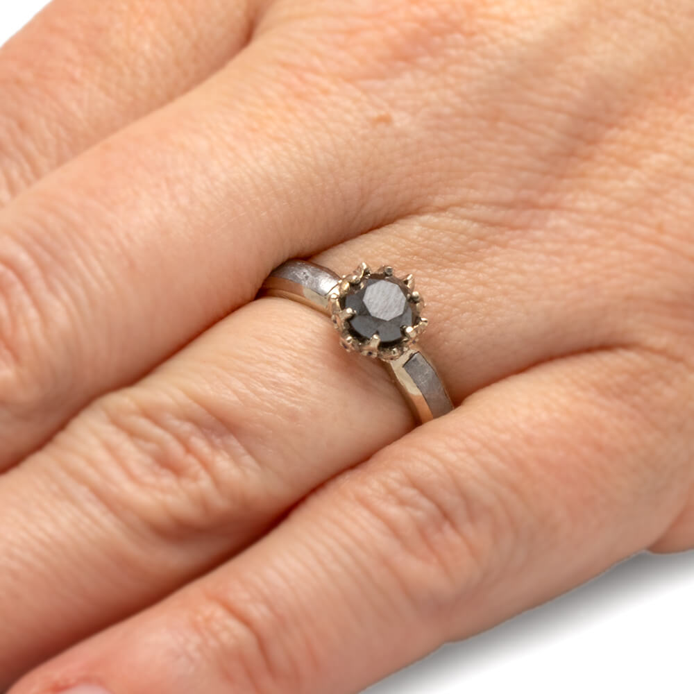 Custom Black Diamond Engagement Ring, Meteorite And White Gold Ring With Sapphire Lotus Setting-2503 - Jewelry by Johan