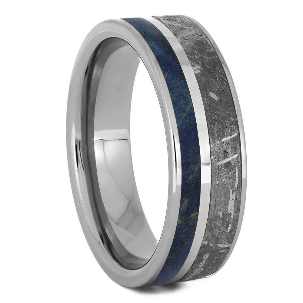 Meteorite & Blue Wood Men's Wedding Band With Pinstripe - Jewelry by Johan