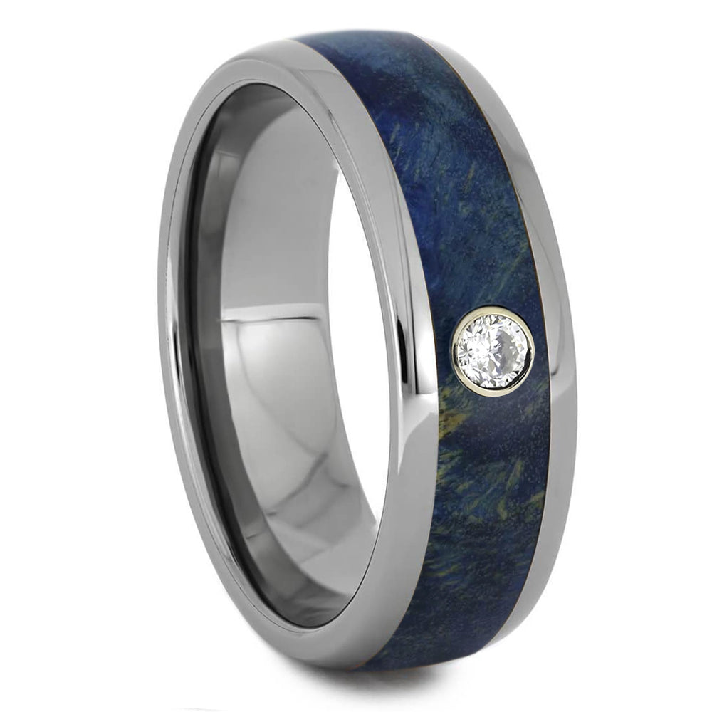 Diamond Wedding Ring, Titanium Ring With Blue Box Elder Burl-2509 - Jewelry by Johan