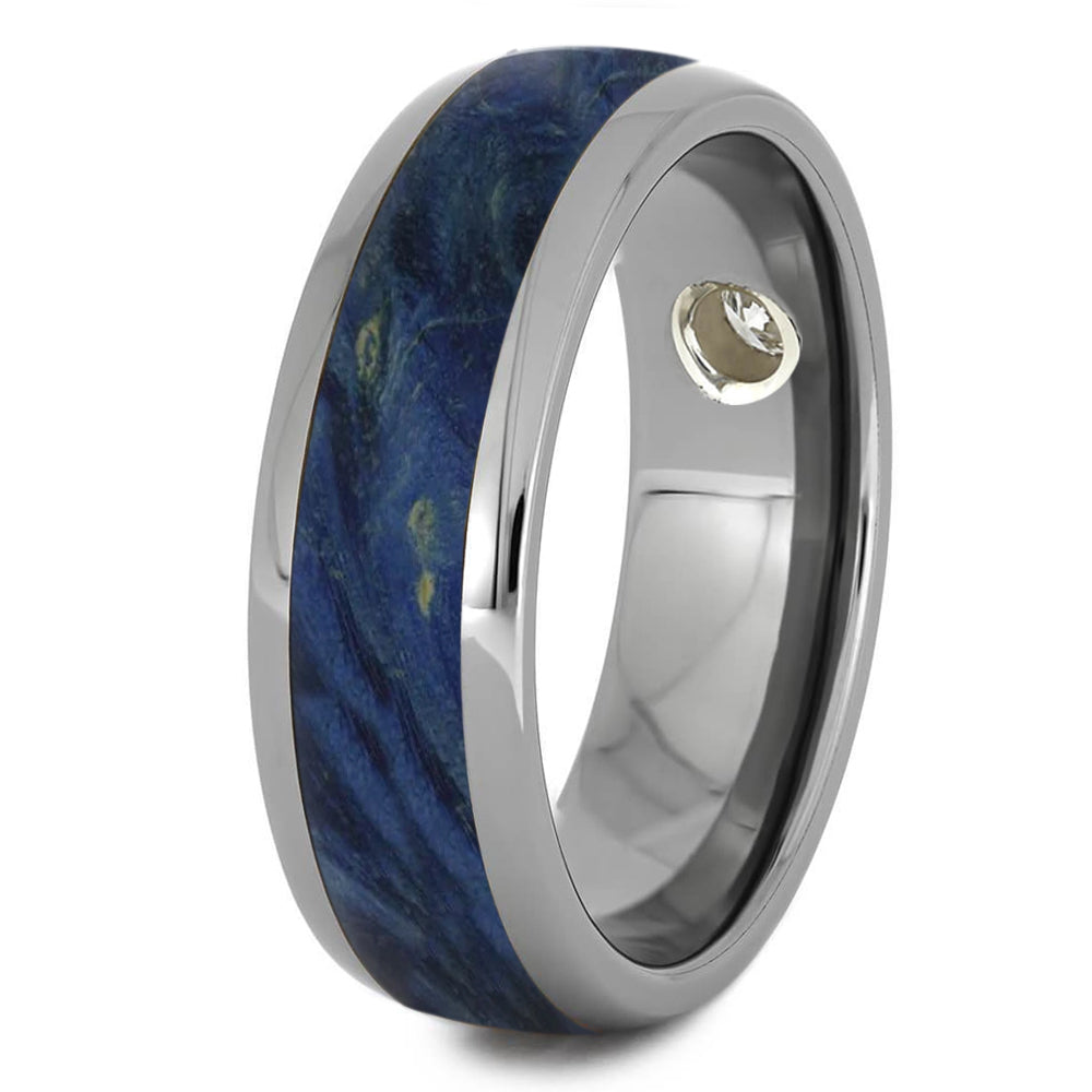 Diamond Wedding Ring, Titanium Ring With Blue Box Elder Burl-2509 - Jewelry by Johan