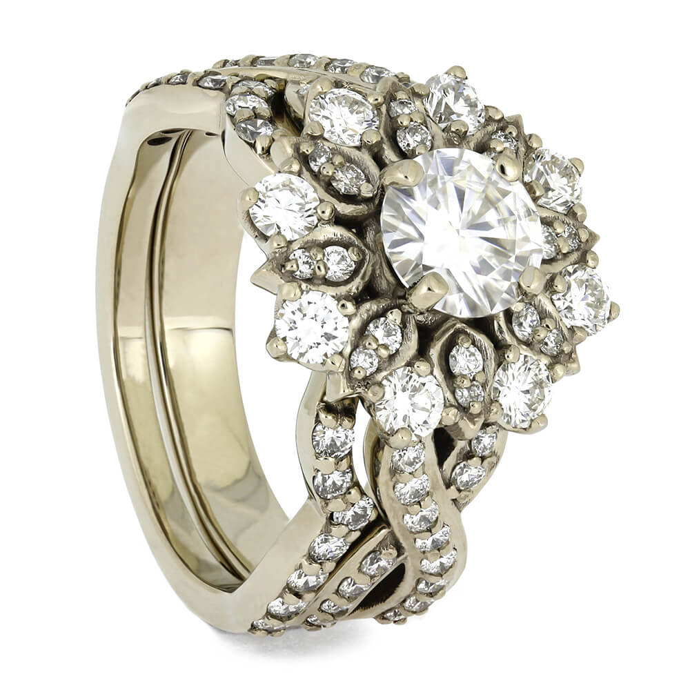 Diamond Bridal Set with White Gold Flower Halo Design - Unknown - Send Ring  Sizer First
