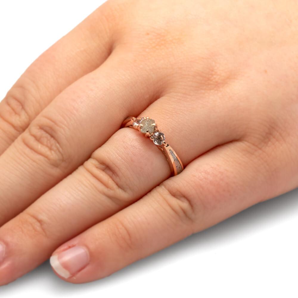 Three Stone Rose Gold Engagement Ring With Rough Diamond And Morganite-2516 - Jewelry by Johan