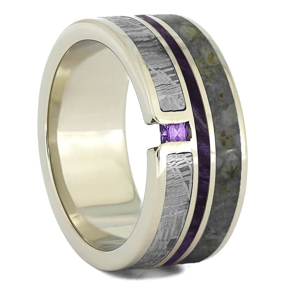 Amethyst Wedding Ring With Dino Bone, Meteorite And Purple Wood-2517 - Jewelry by Johan