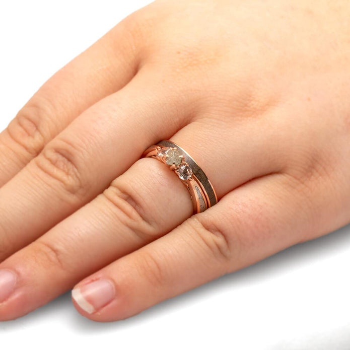 Rose Gold Ring Set With Three Stone Meteorite Engagement Ring