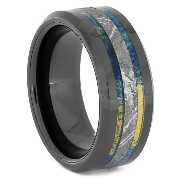 Meteorite and Blue Box Elder Burl Wood Ring With Beveled Edges-2544 - Jewelry by Johan