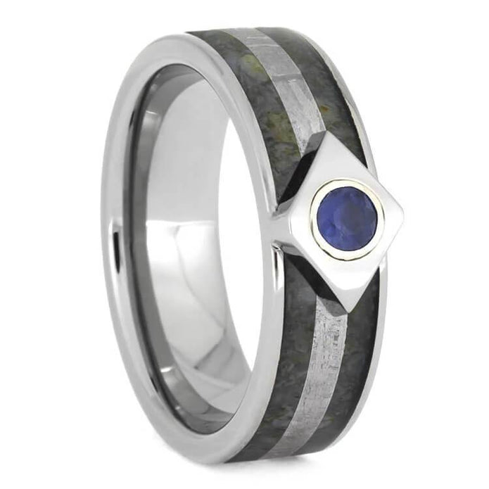 Meteor Engagement Ring With Sapphire, Titanium Ring Inlaid With Dinosaur Bone-2550 - Jewelry by Johan