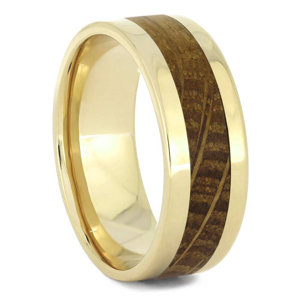 Solid Yellow Gold Ring With Whiskey Barrel Oak Wood