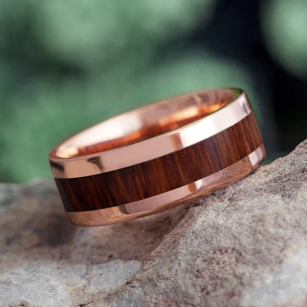 Rose Gold Wedding Band With Wood Inlay