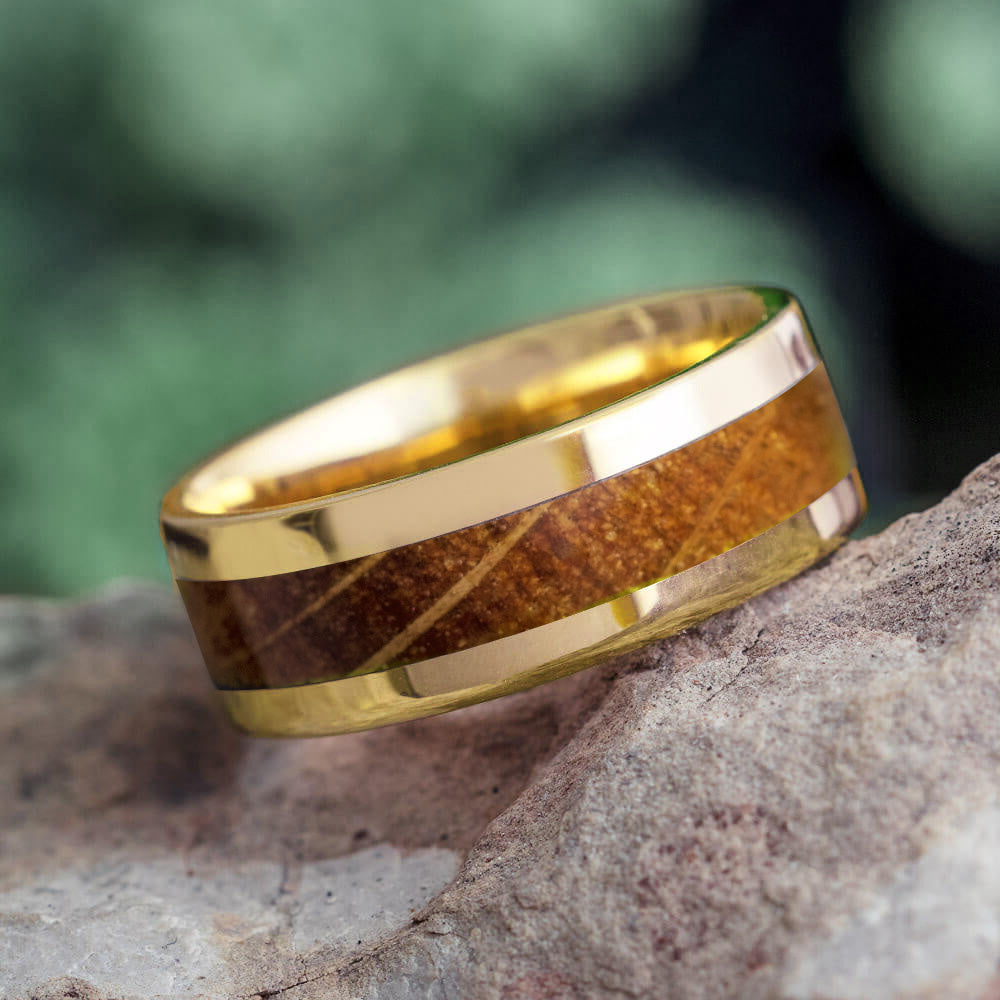 Solid Yellow Gold Ring With Whiskey Barrel Oak Wood