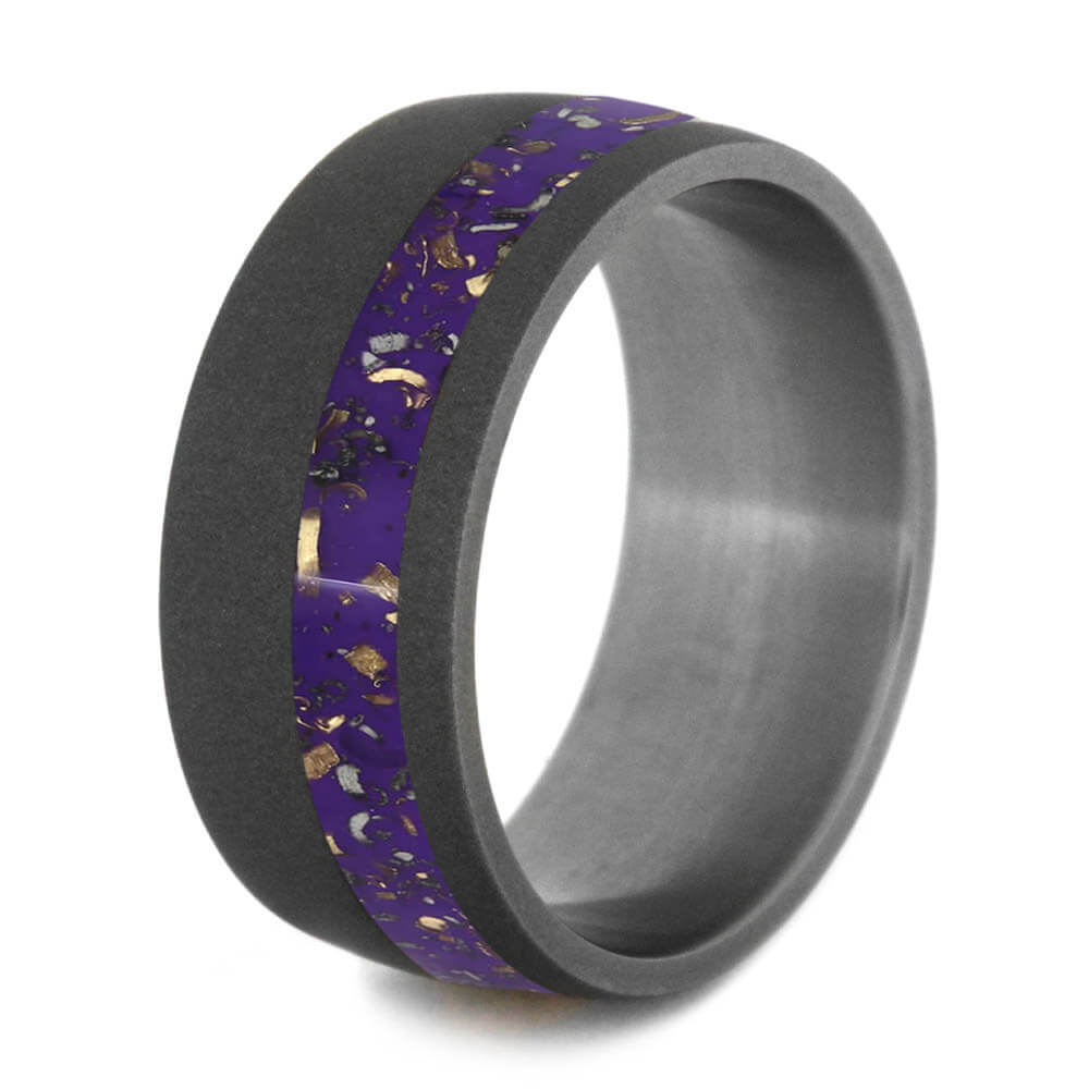 Sandblasted Titanium Wedding Band With Purple Stardust™ Pinstripe-2561 - Jewelry by Johan