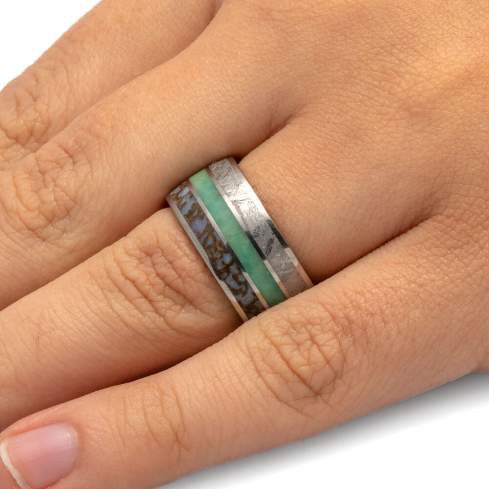 Meteorite Ring With Dinosaur Bone And Chrysocolla, Unique Men's Wedding Band-2568 - Jewelry by Johan