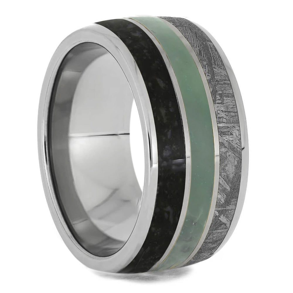 Meteorite, Chrysocolla & Dinosaur Bone Men's Wedding Band, 10mm Ring - Jewelry by Johan