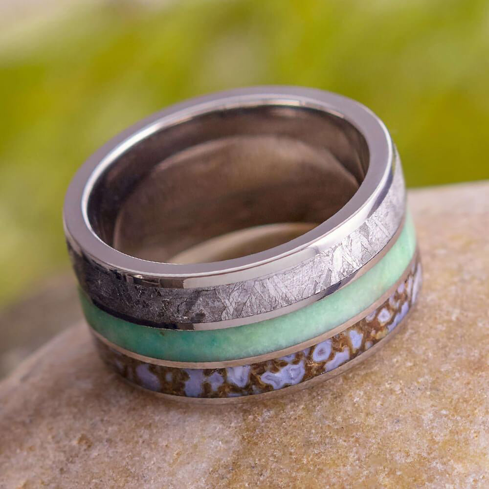 Meteorite, Chrysocolla & Dinosaur Bone Men's Wedding Band, 10mm Ring - Jewelry by Johan