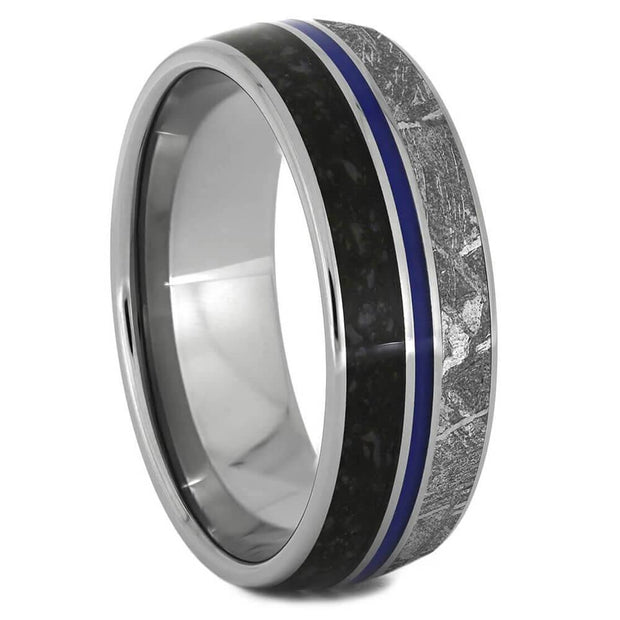 8mm Dinosaur Meteorite Ring with Blue Enamel Pinstripe-2570BL - Jewelry by Johan