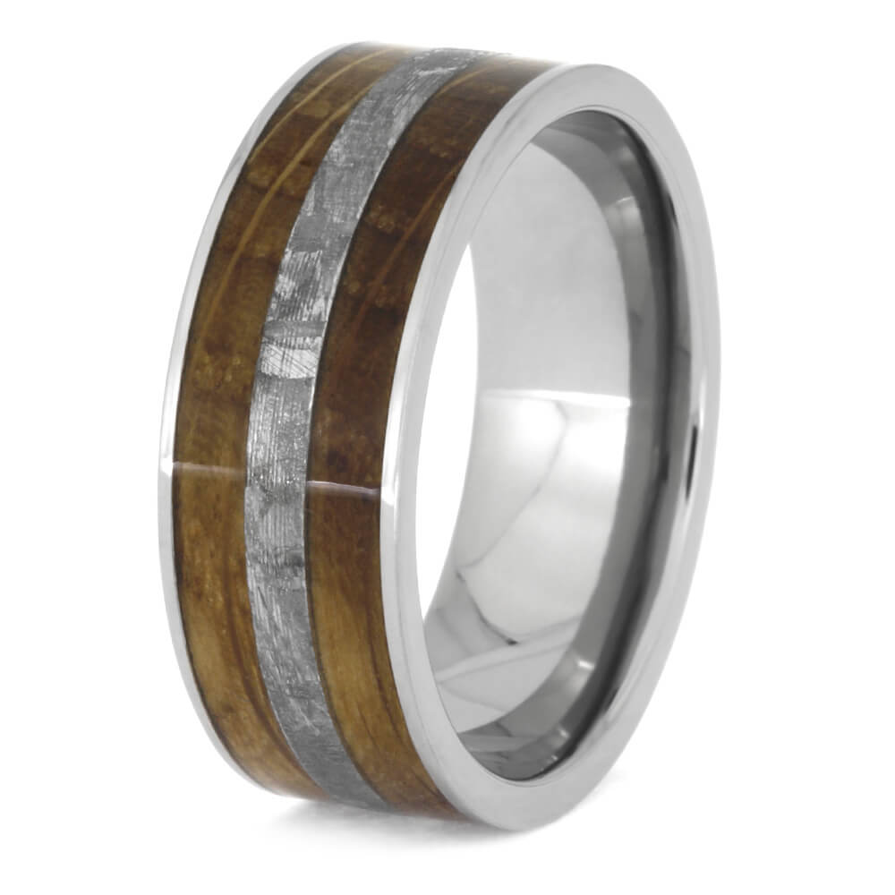Whiskey Oak Ring With Meteorite, Wooden Men's Wedding Band-2585 - Jewelry by Johan