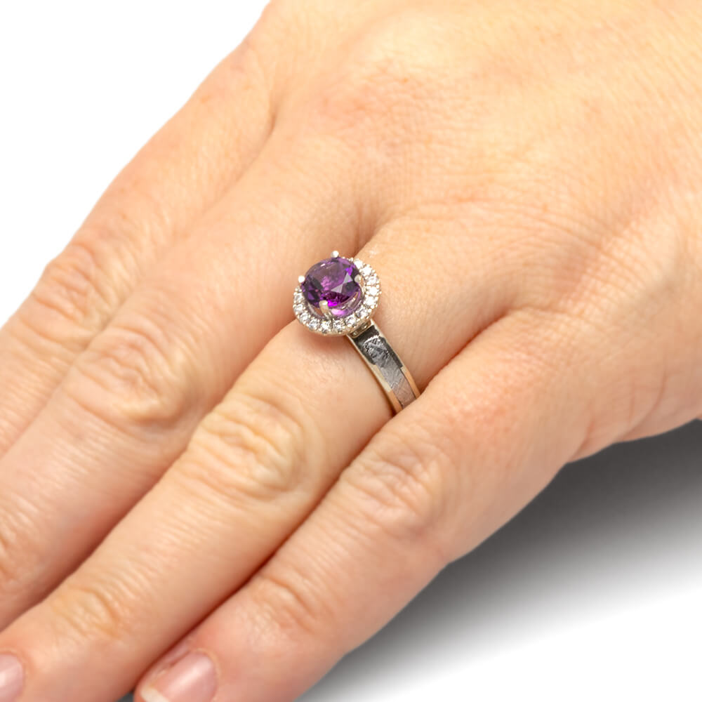 Amethyst Engagement Ring, White Gold Halo Ring With Meteorite-2590 - Jewelry by Johan