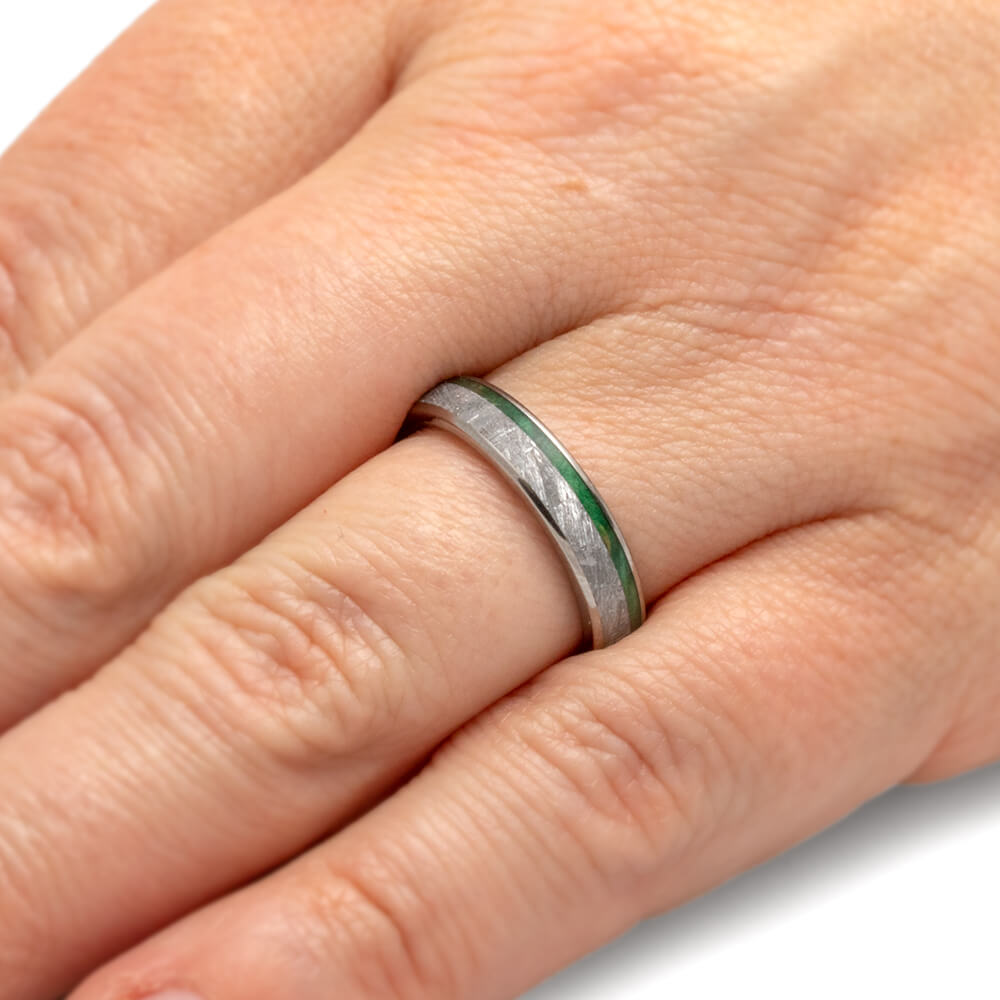 Green Wood Ring for Men, Titanium Wedding Band With Meteorite-2592 - Jewelry by Johan