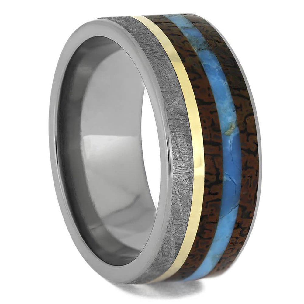 Dinosaur Bone, Meteorite & Turquoise Ring With Gold Pinstripe - Jewelry by Johan