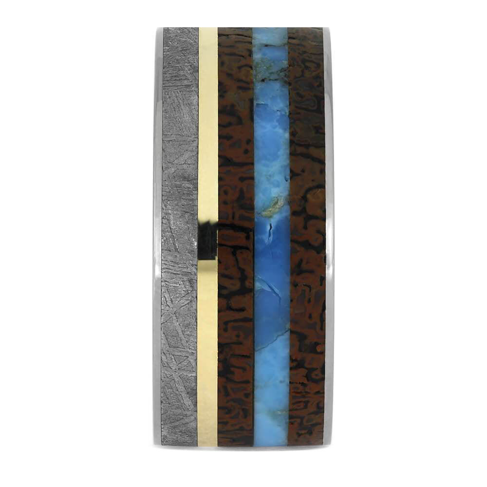 Dinosaur Bone, Meteorite & Turquoise Ring With Gold Pinstripe - Jewelry by Johan