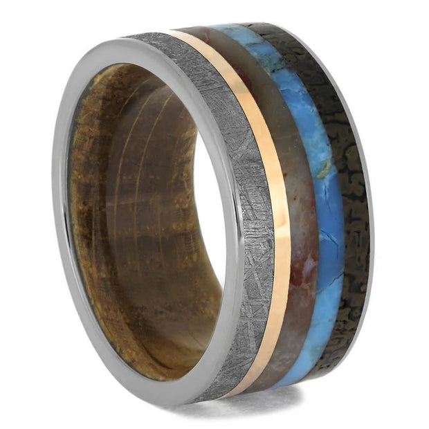 Men's Wedding Band With Whiskey Oak Sleeve, Turquoise, Meteorite & Dinosaur Bone - Jewelry by Johan