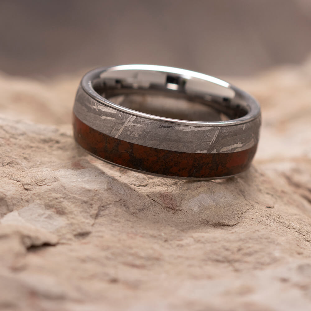 Tungsten Fossil Ring, Gibeon Meteorite Wedding Band With Dinosaur Bone-2605 - Jewelry by Johan