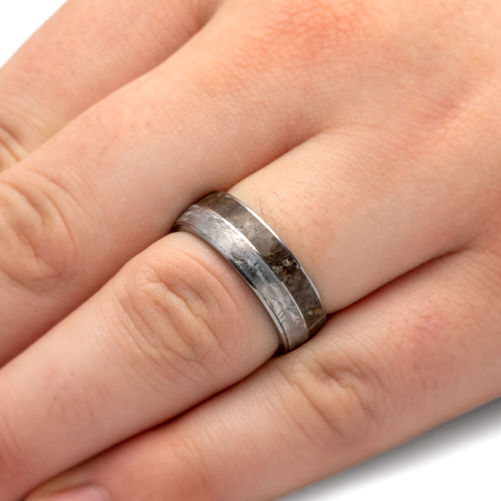 Tungsten Fossil Ring, Gibeon Meteorite Wedding Band With Dinosaur Bone-2605 - Jewelry by Johan