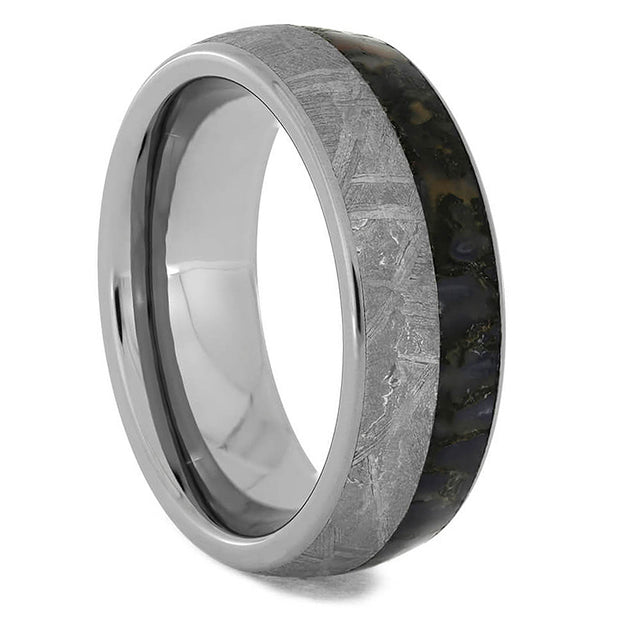 Tungsten Fossil Ring, Gibeon Meteorite Wedding Band With Dinosaur Bone - Jewelry by Johan