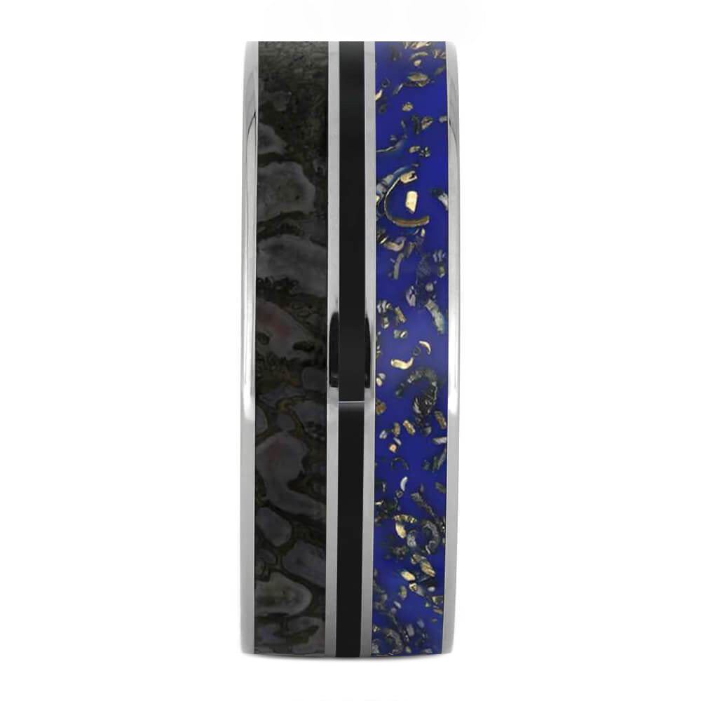 Blue Stardust™ And Dinosaur Bone Men's Wedding Band In Titanium-2606 - Jewelry by Johan