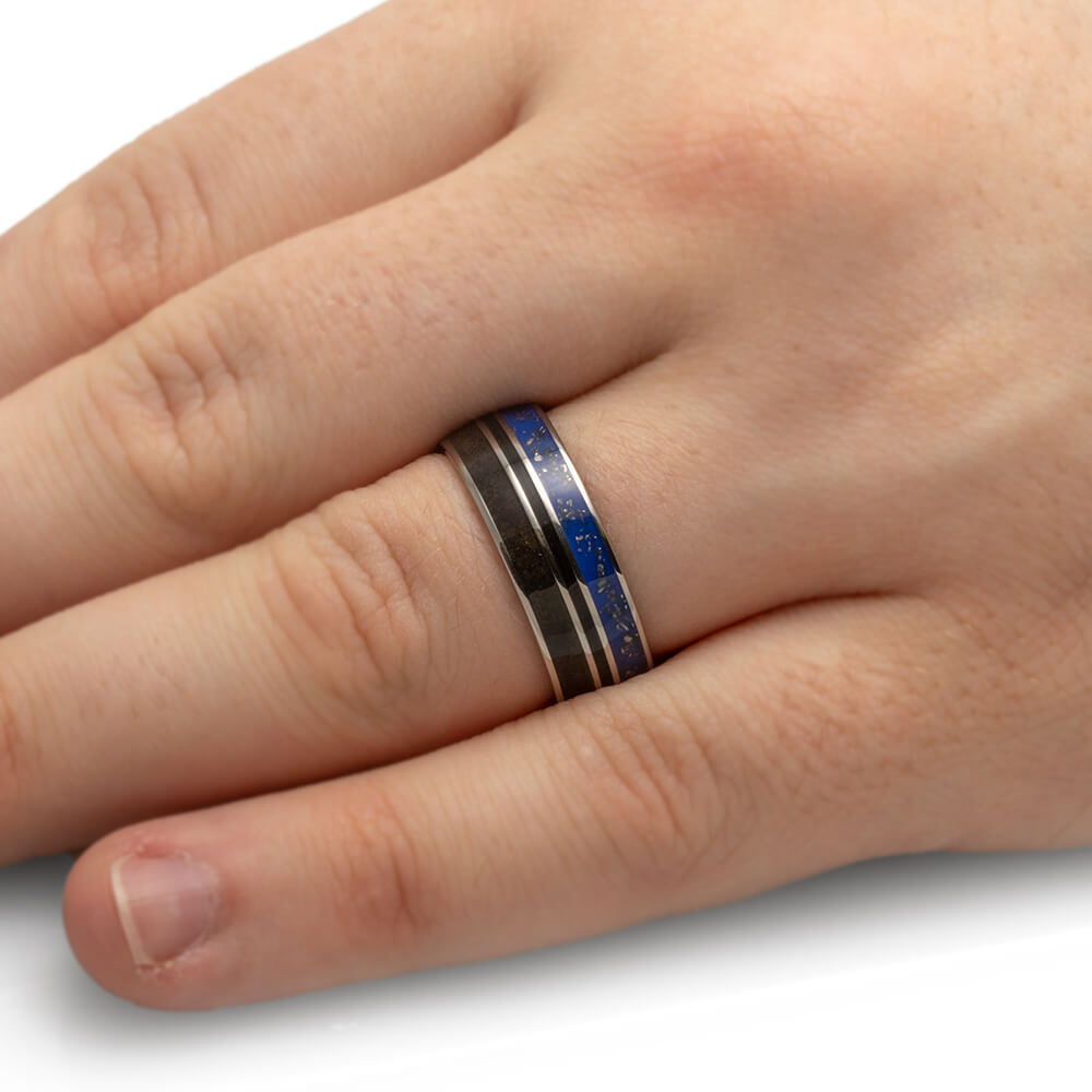 Blue Stardust™ And Dinosaur Bone Men's Wedding Band In Titanium-2606 - Jewelry by Johan