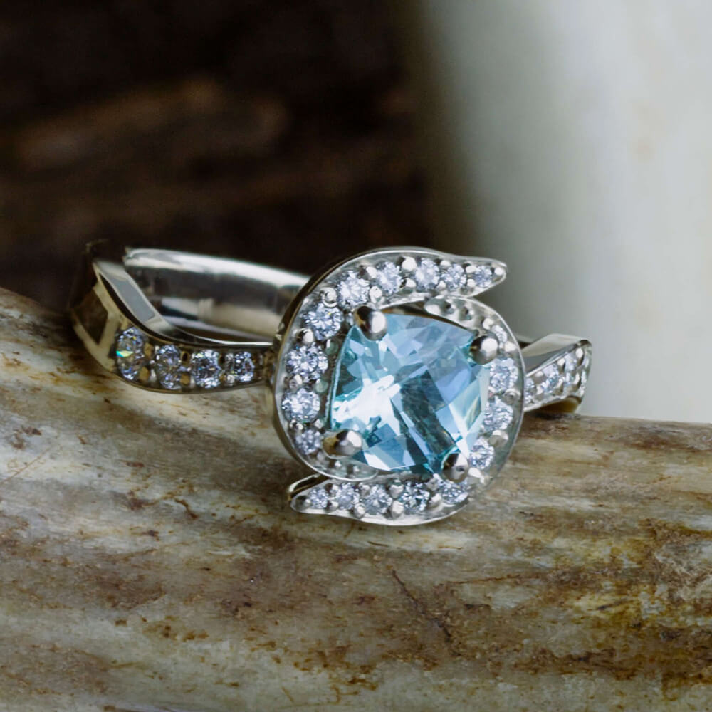Aquamarine Halo Engagement Ring With Antler Inlay - Jewelry by Johan