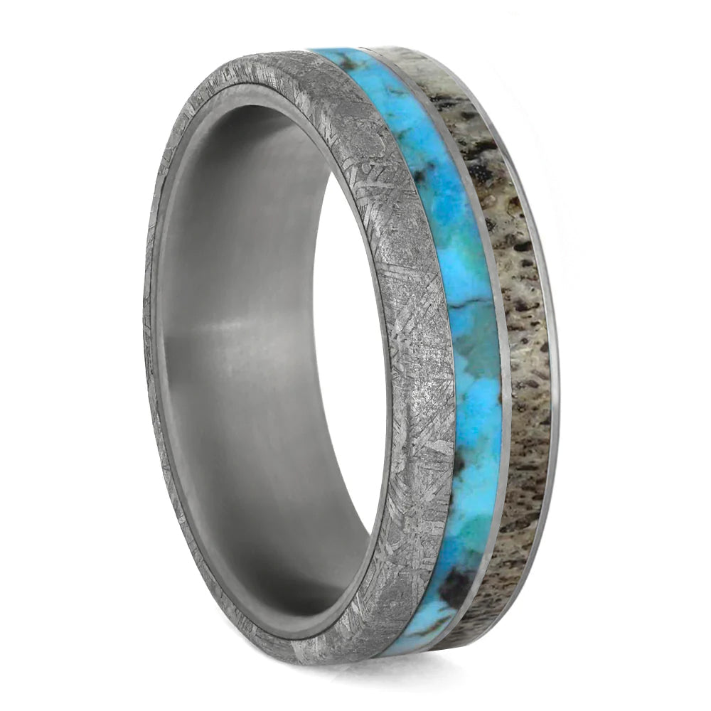 Asymmetrical Men's Ring With Antler Turquoise & Meteorite